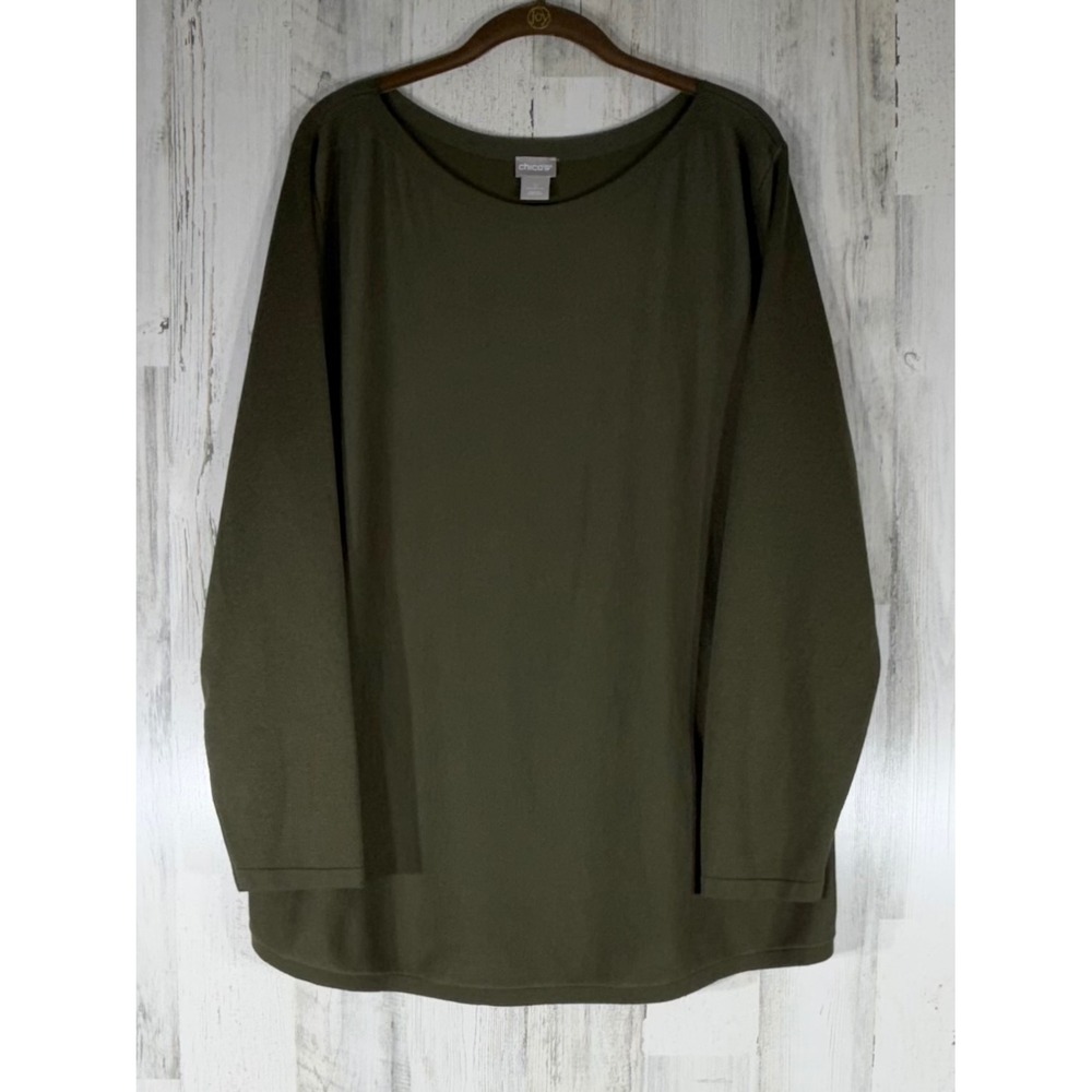 Chicos Long Sleeve Knit Top Size 4 or XXL Olive Green Boat Neck Rayon Blend